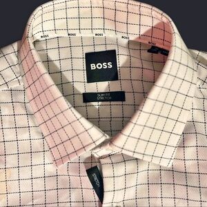 Boss Men's White and Black Grid Pattern Shirt